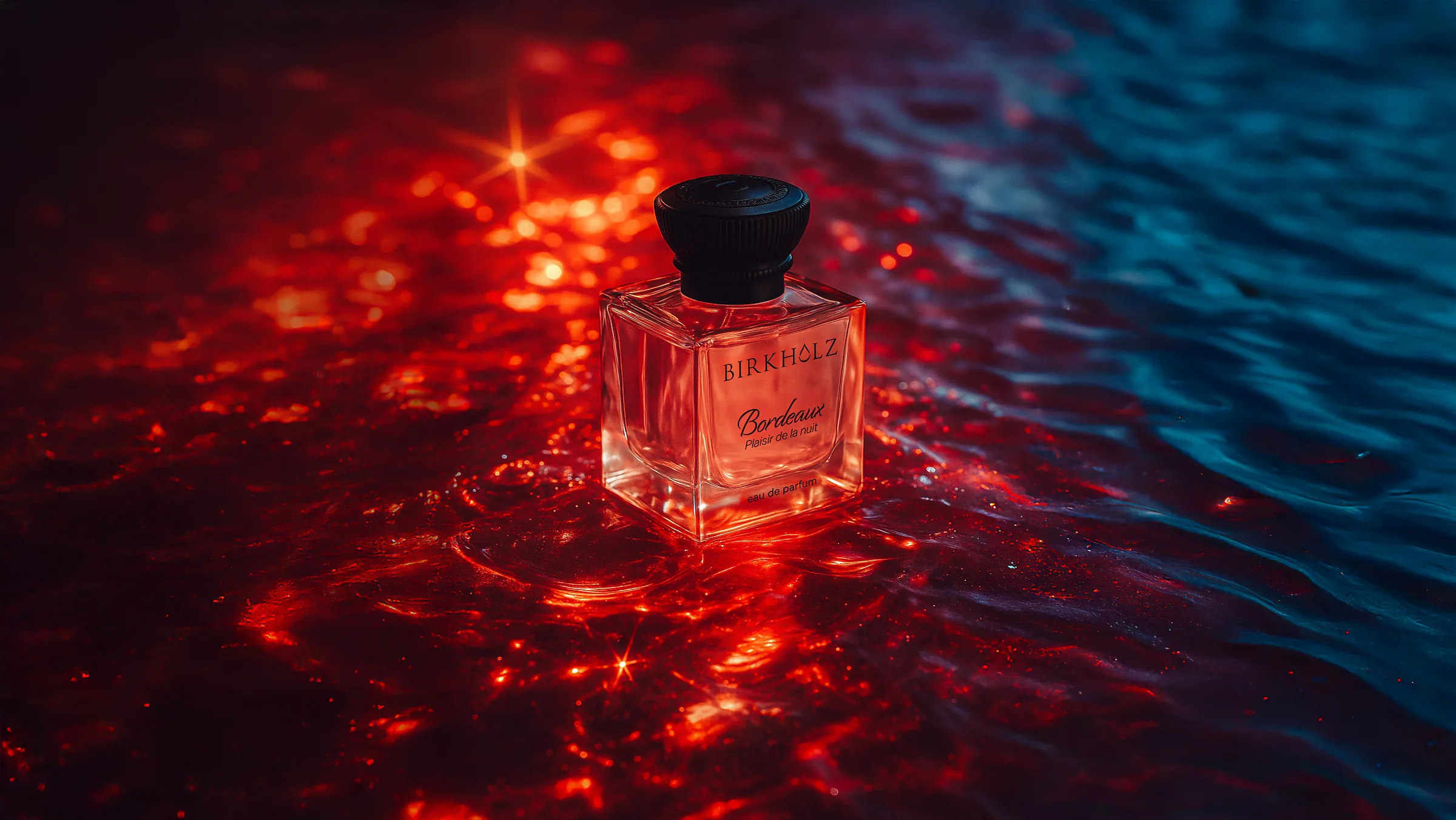Bordeaux on glowing red water, wide campaign format