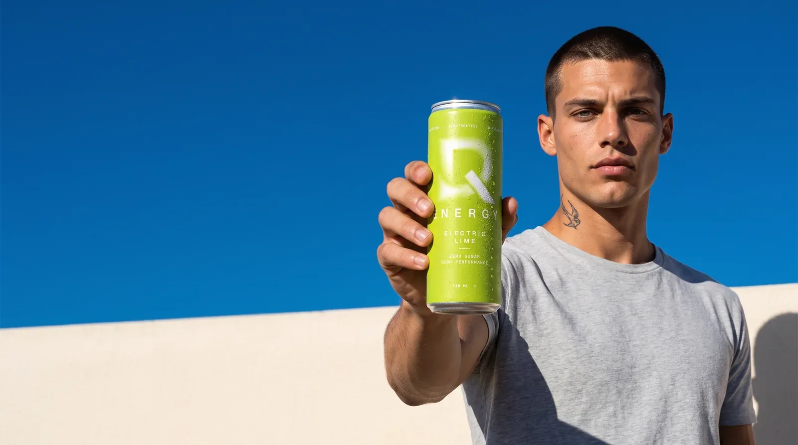 DQ Energy key visual: a man holding a lime energy drink can against a blue sky